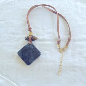 Chico’s Long Statement Necklace Blue Marble Resin & Faux Leather Cord